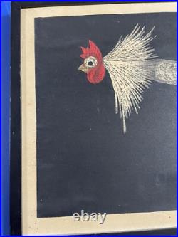 Running Rooster by Kaoru Kawano signed vintage Japanese Woodblock Print