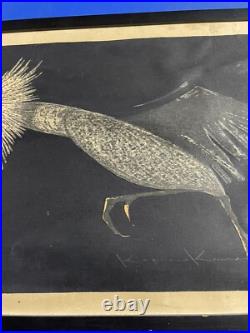 Running Rooster by Kaoru Kawano signed vintage Japanese Woodblock Print