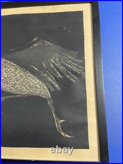 Running Rooster by Kaoru Kawano signed vintage Japanese Woodblock Print