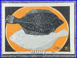 SHIRO KASAMATSU Flat Fish Woodblock Print 87/100 1957 Signed Seal Vintage