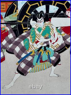 Sadanobu Hasegawa III Vintage Woodblock Print 3 Warriors Kabuki Theater Japan