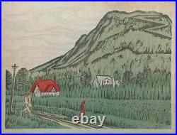 Senpan Japan Antique Woodblock Prints Mountain Landscape House Sky wood