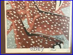Shiro Kasamatsu Deer in Snow Woodblock Print Japan 1961 Signed Vintage Framed