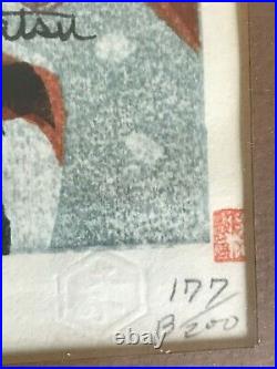 Shiro Kasamatsu Deer in Snow Woodblock Print Japan 1961 Signed Vintage Framed