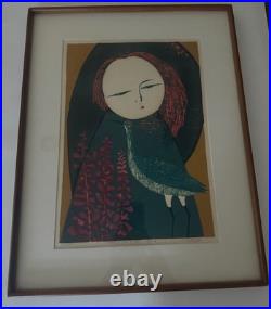 Shiro Takagi, Salvia And Girl, Japanese Woodblock Print, 1974. 53/200 Made