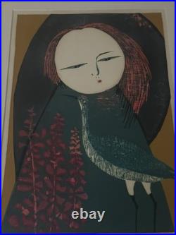 Shiro Takagi, Salvia And Girl, Japanese Woodblock Print, 1974. 53/200 Made