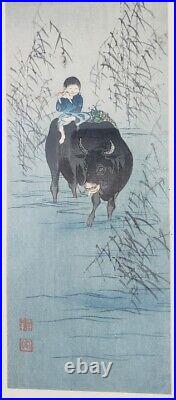 Shoda Koho 1871-1946 Japanese Pillar Woodblock Print Boy Riding Ox Framed