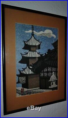 Signed Japanese Wood Block Print Kiyoshi Saito Village Scene with Pagoda