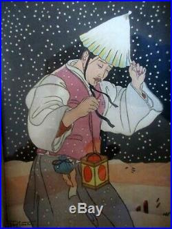 Signed Paul Jacoulet Japanese Woodblock Print Man With Lantern In Snowstorm