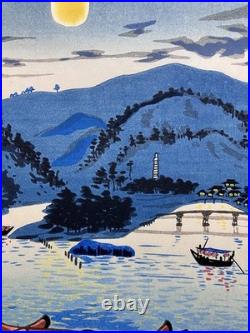 Signed Tokuriki Tomikichiro woodblock print Moon Night at Uji River