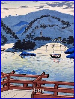 Signed Tokuriki Tomikichiro woodblock print Moon Night at Uji River