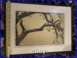 Signed Woodblock Print 1898 Plum Tree and Blue Magpie by Toshi Yoshida Framed