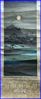 Small Japanese Woodblock Scroll Autumn Moon At Tamagawa 1934 H. Takemura Seal