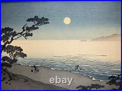 Suma Beach by Moonlight, Japanese woodblock print with Hiroshige signature