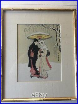 Suzuki Harunobu Lovers under an umbrella in the Snow Original Woodblock Print