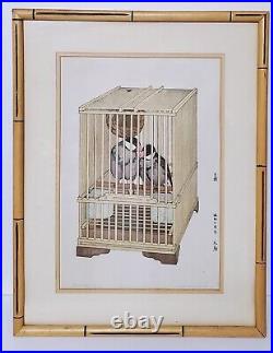 TOSHI YOSHIDA, JAPANESE WOODBLOCK PRINT BUNCHO BIRDS IN CAGE c. 1927 SIGNED