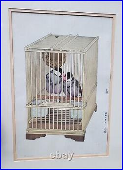 TOSHI YOSHIDA, JAPANESE WOODBLOCK PRINT BUNCHO BIRDS IN CAGE c. 1927 SIGNED