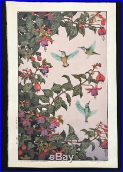 TOSHI YOSHIDA Japanese Woodblock Print HUMMING BIRD AND FUCHSIA