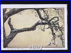 TOSHI YOSHIDA Japanese Woodblock Print PLUM TREE AND BLUE MAGPIE