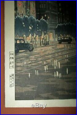 TSUCHIYA KOITSU-Japanese Woodblock Print-GINZA IN RAIN-First Edition-RARE