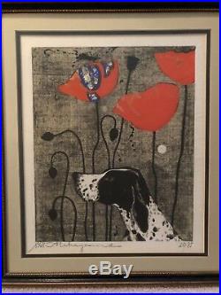 Tadashi Nakayama Japanese Woodblock Print 1968 Poppies Flowers Dog Signed 20/85