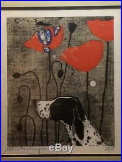 Tadashi Nakayama Japanese Woodblock Print 1968 Poppies Flowers Dog Signed 20/85