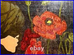 Tadashi Nakayama Woodblock Print Girl Red Flowers Signed Japanese Art 1927