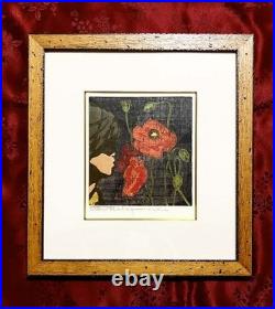 Tadashi Nakayama Woodblock Print Girl Red Flowers Signed Japanese Art 1927