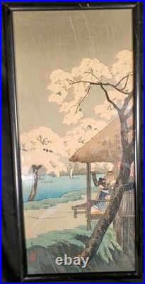 Takahashi Shotei Cherry Blossoms at Sumida Bank in Rain Woodblock Print