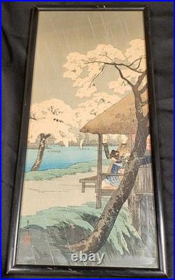 Takahashi Shotei Cherry Blossoms at Sumida Bank in Rain Woodblock Print