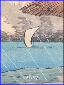 Takahashi Shotei Cherry Blossoms at Sumida Bank in Rain Woodblock Print