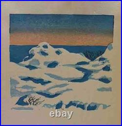 Tokio Miyashita woodblock copperplate prints snowy villages trees Japanese text