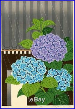 Tomoda Mitsuru A. P. Hand Signed Japanese Woodblock Print Hydrangea in Rain
