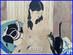 Toraji Ishikawa Japanese woodblock print Black Cat 2x Oban 1934