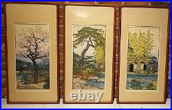 Toshi Yoshida Friendly Garden Triptych Woodblock Prints Framed circa 1980