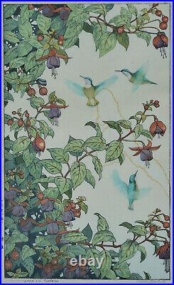 Toshi Yoshida Woodblock Print, Hummingbird and Fuchsia, pencil signed, 1971