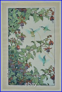 Toshi Yoshida Woodblock Print, Hummingbird and Fuchsia, pencil signed, 1971