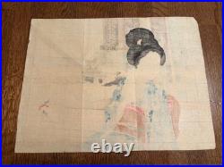 Toshikata Mizuno, woodblock frontispiece, blind beauty, cat, verandah