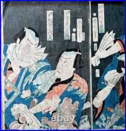 Toyohara Kunichika Japanese Woodblock Print Kabuki Actors Triptych Ukiyo-e