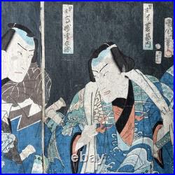 Toyohara Kunichika Japanese Woodblock Print Kabuki Actors Triptych Ukiyo-e