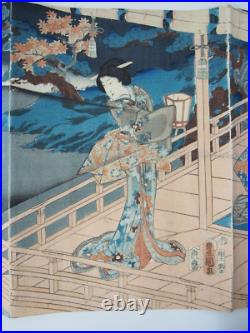 Toyokuni Woodblock Print Triptych Genji painting, Night in Autumn 1860 Ukiyo-e