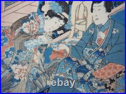 Toyokuni Woodblock Print Triptych Genji painting, Night in Autumn 1860 Ukiyo-e