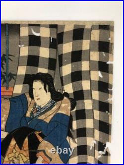Toyokuni Woodblock Print Triptych biography of Yoshitsune Kabuki Actor Meiji