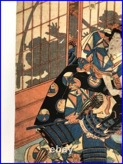 Toyokuni Woodblock Print Triptych biography of Yoshitsune Kabuki Actor Meiji