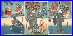 Toyokuni Woodblock Print Triptych traditional Japanese monkey performance