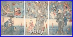 Toyokuni Woodblock Print Triptych traditional Japanese monkey performance