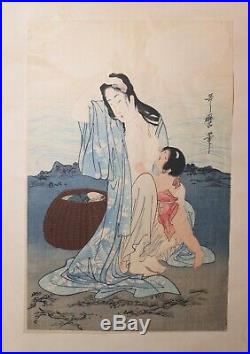 Tryptic antique original Japanese Kitagawa Utamaro abalone diver woodblock print