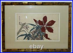 Tsuchiya Rakusan Grasshopper & Hibiscus 12 x 16 Woodblock Framed Matted