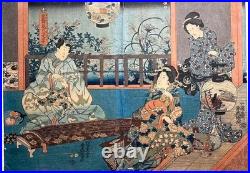 Two Antique Japanese Woodblock Prints by Kunisada Seven Autumn Flowers c. 1850