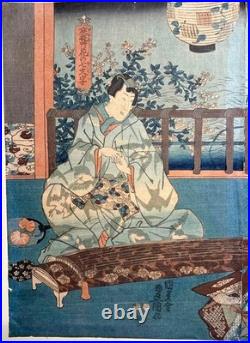Two Antique Japanese Woodblock Prints by Kunisada Seven Autumn Flowers c. 1850
